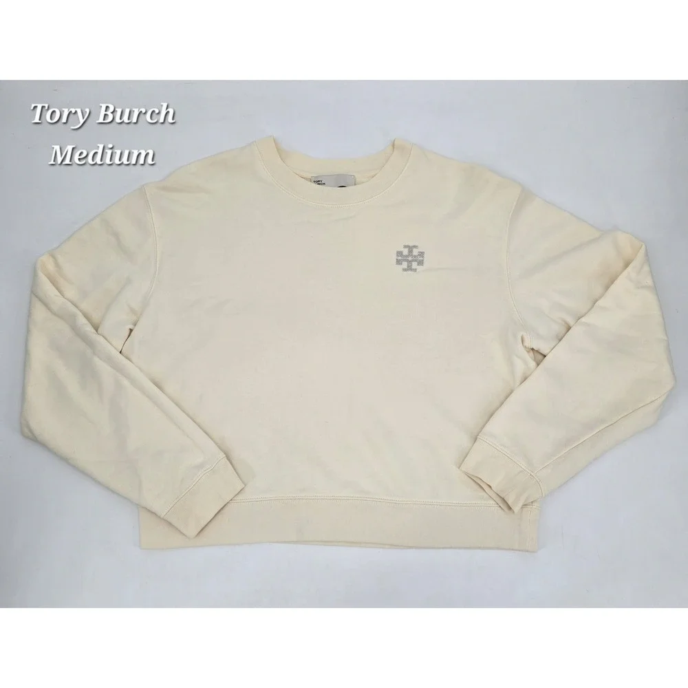 Tory Burch Crystal Logo Ivory Cotton Crewneck Sweatshirt Quiet Luxury Preppy